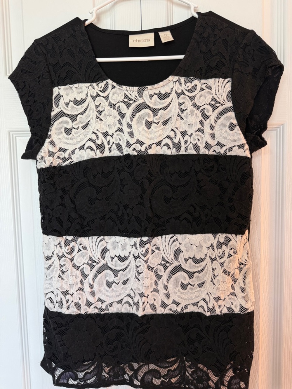 Chico's Black and White Lace Striped Tee
